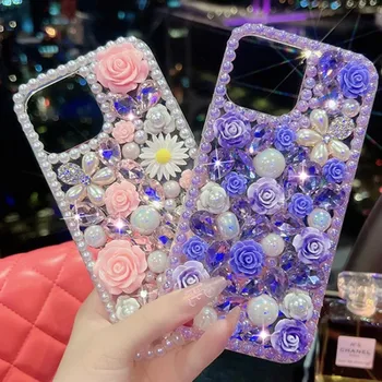 3D Gėlių Daisy Pearl Bling Rose Diamond Grandinės Telefono dėklas Skirtas iphone 14 12 Pro Max MiNi 11 13 Pro X XS XR 6 S 7 8 Plus SE Dangtis