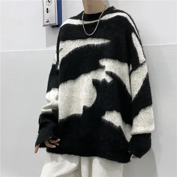 Vyriški Megztiniai Vintage Megztinis Harajuku Abstraktaus Modelio Megztinis Laisvi O-Kaklo Juoda Y2K Megztinis Tendencija Streetwear Vyras