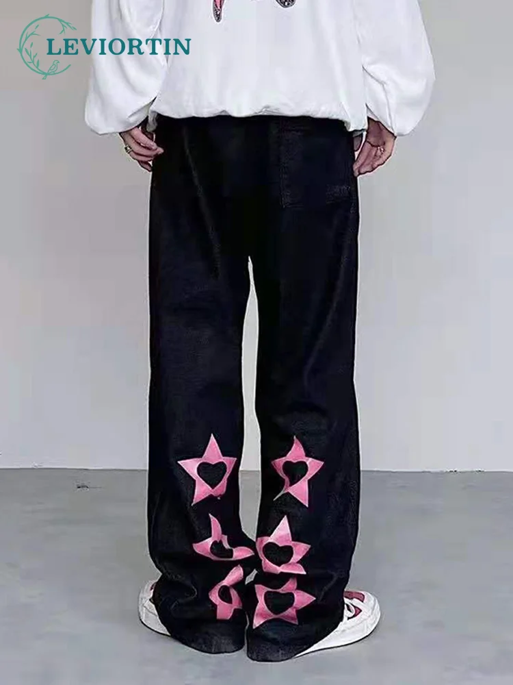 Y2K Japonijos Retro Žvaigždžių Siuvinėjimo Plauti Juodos Džinsinio audinio Vyriškos Kelnės Harajuku Tiesiai Pora Džinsai Laisvi, Negabaritinių Jean Kelnės 1