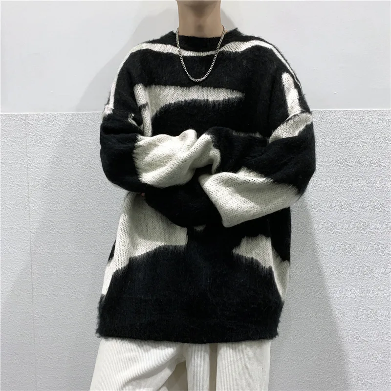 Vyriški Megztiniai Vintage Megztinis Harajuku Abstraktaus Modelio Megztinis Laisvi O-Kaklo Juoda Y2K Megztinis Tendencija Streetwear Vyras 1